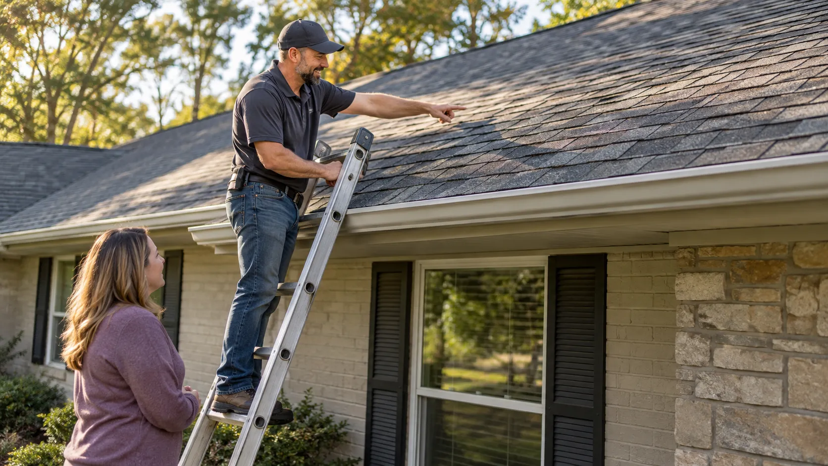 Roofing provider reviewing shingles with a homeowner in the Akron area