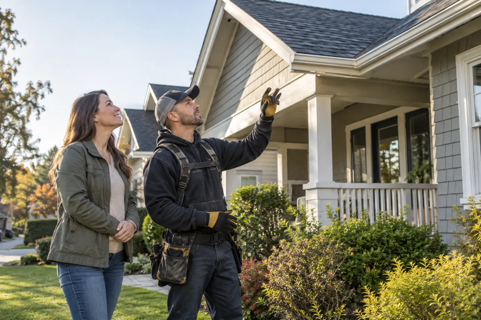 Homeowner and roofing provider looking up at a house roof in Akron