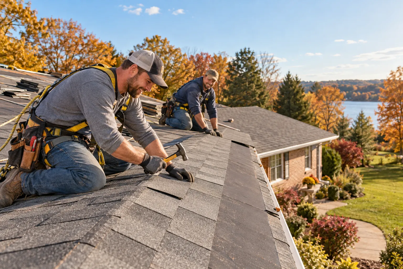 Local roofing provider laying new shingles on a house in Akron on a clear autumn day